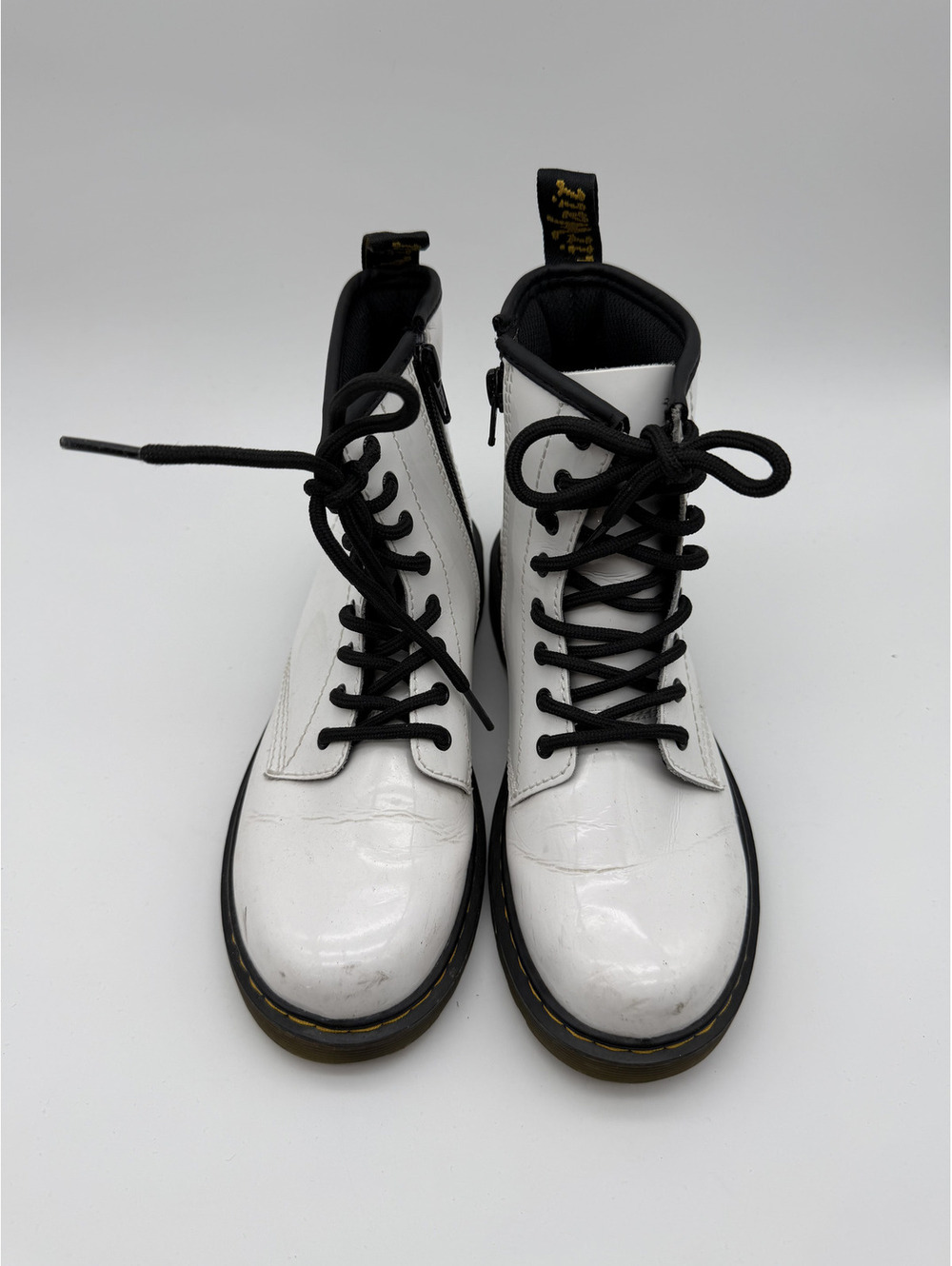 Dr. Martens Junior White Patent Leather Combat Boots with Side Zipper, Size US 3